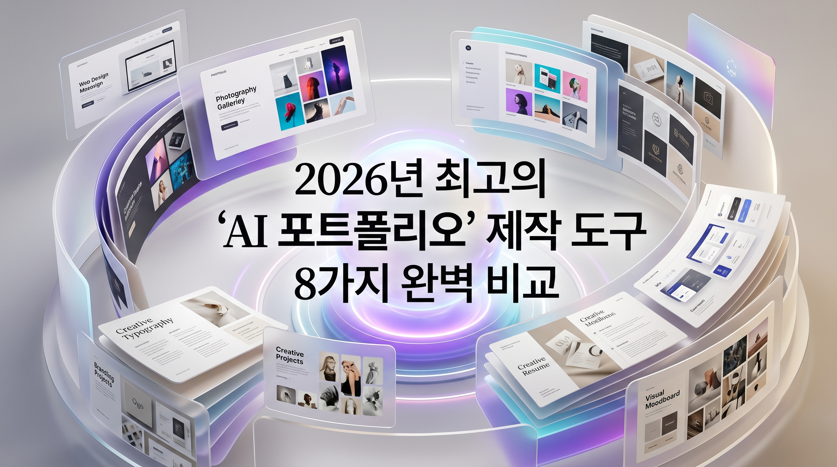 HIX.AI, Replit, Figma 등 8가지 주요 AI 포트폴리오 제작 도구를 비교 분석하는 시각적 인포그래픽