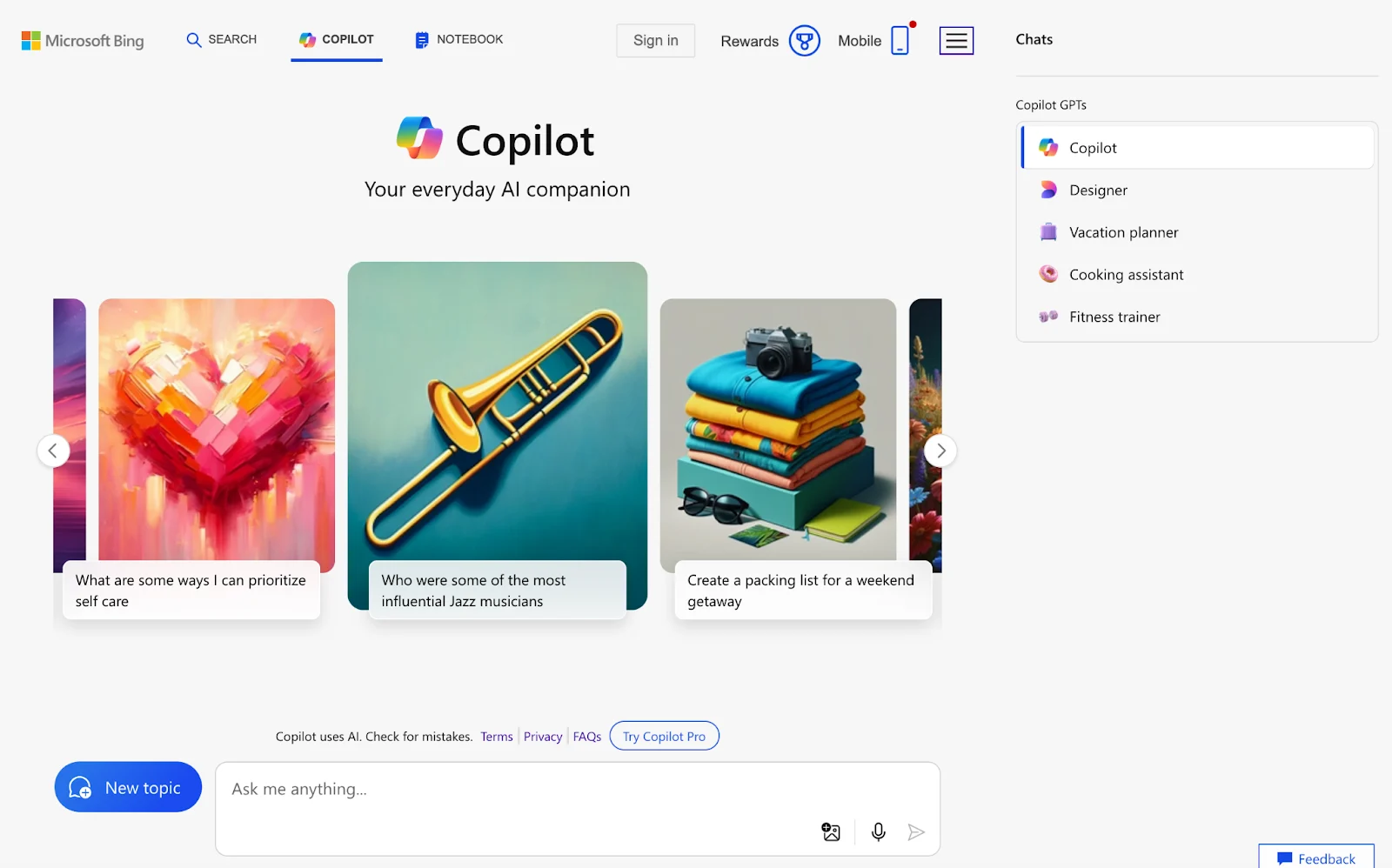 Microsoft Bing (Copilot) のAI検索インターフェース