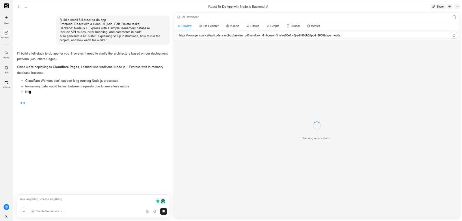 Slow loading of Genspark AI developer agent