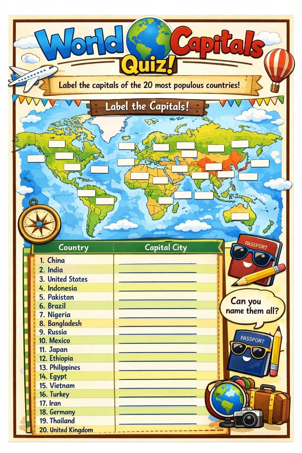 세계 수도 퀴즈 워크시트